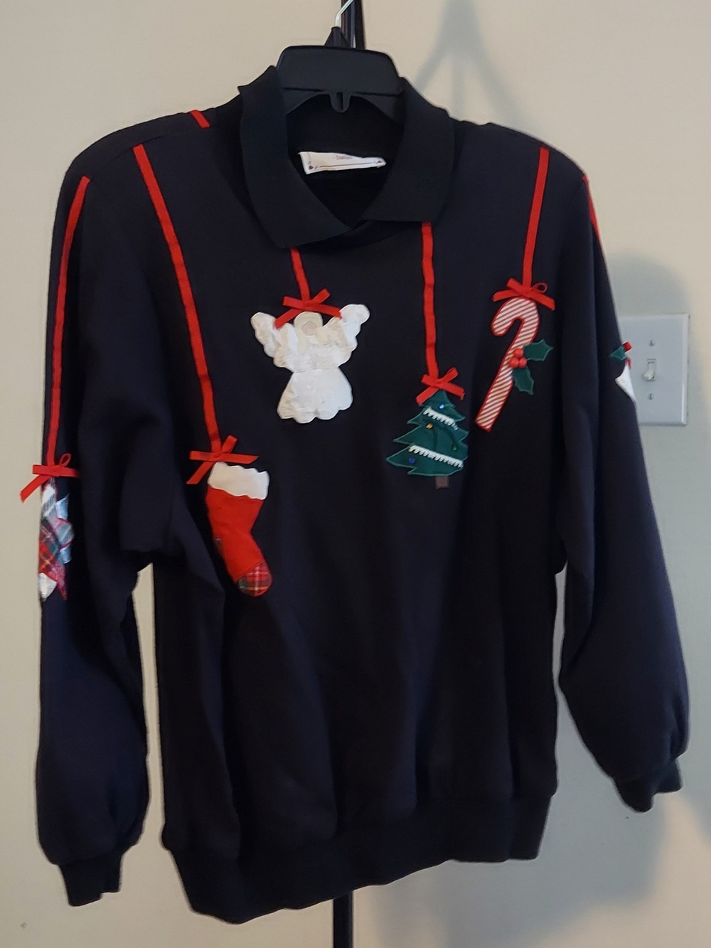 Sharon Young Navy Crewneck Sweater with Red Holiday Appliqués